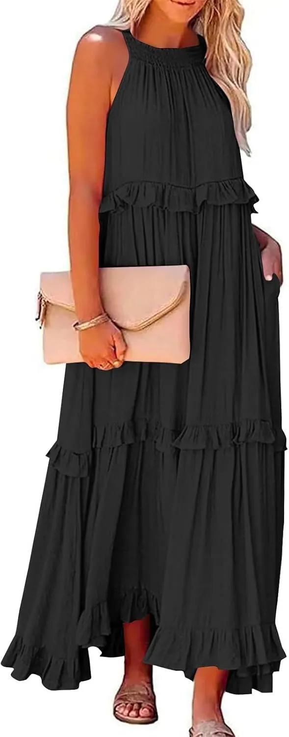 Summer Sleeveless Dress for Women Crew Halter Neck Tiered Pleated Loose Flowy Ruffle Maxi Sundress for Beach Vacation
