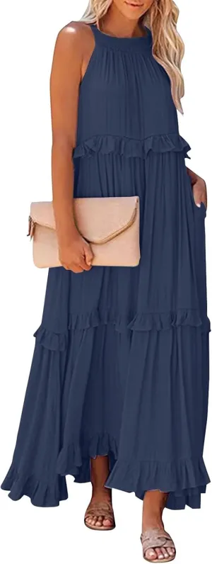 Summer Sleeveless Dress for Women Crew Halter Neck Tiered Pleated Loose Flowy Ruffle Maxi Sundress for Beach Vacation
