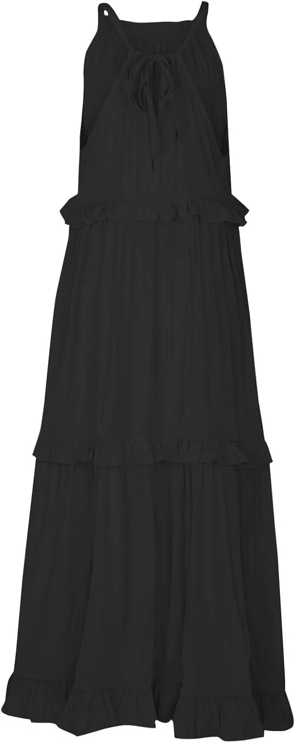 Summer Sleeveless Dress for Women Crew Halter Neck Tiered Pleated Loose Flowy Ruffle Maxi Sundress for Beach Vacation