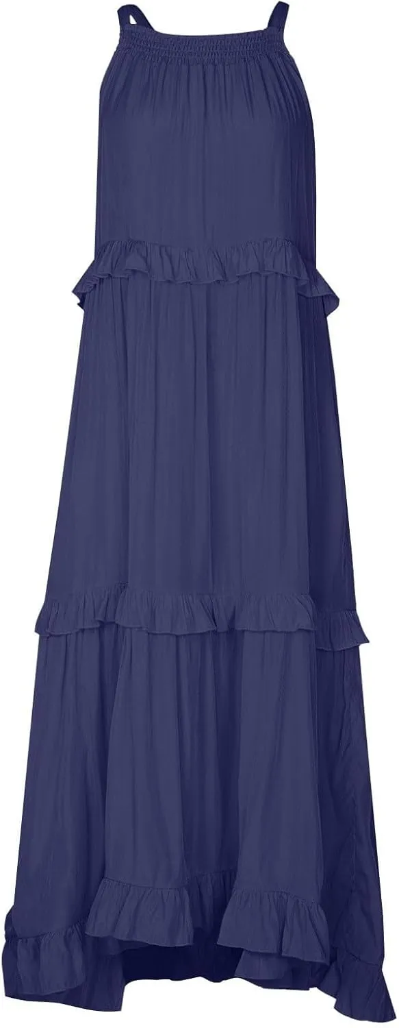 Summer Sleeveless Dress for Women Crew Halter Neck Tiered Pleated Loose Flowy Ruffle Maxi Sundress for Beach Vacation