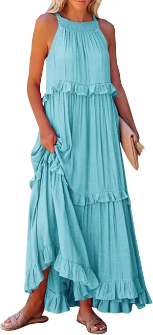 Summer Sleeveless Dress for Women Crew Halter Neck Tiered Pleated Loose Flowy Ruffle Maxi Sundress for Beach Vacation