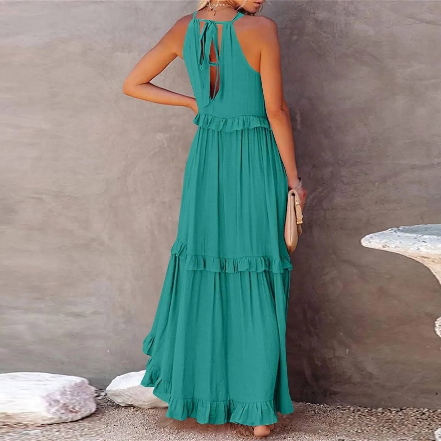 Summer Sleeveless Dress for Women Crew Halter Neck Tiered Pleated Loose Flowy Ruffle Maxi Sundress for Beach Vacation