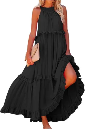 Summer Sleeveless Dress for Women Crew Halter Neck Tiered Pleated Loose Flowy Ruffle Maxi Sundress for Beach Vacation