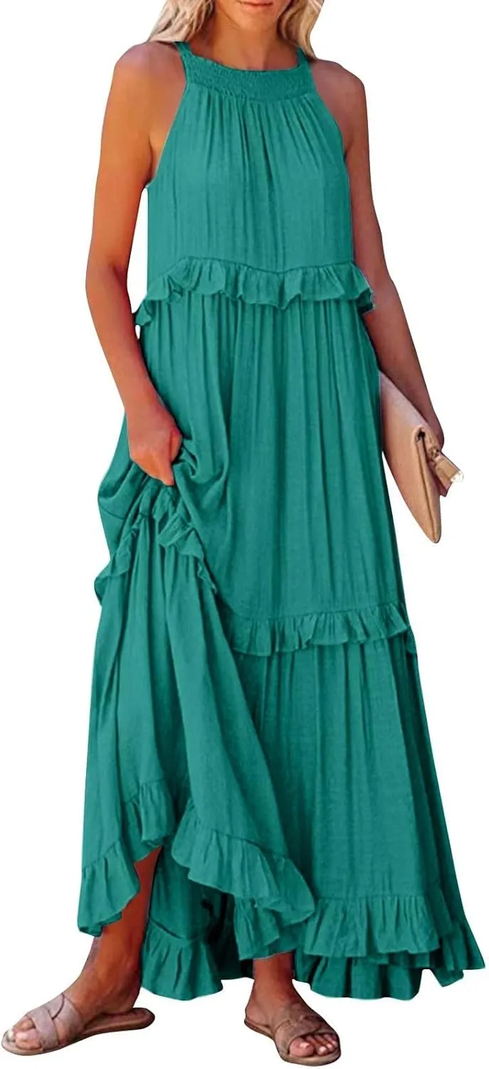 Summer Sleeveless Dress for Women Crew Halter Neck Tiered Pleated Loose Flowy Ruffle Maxi Sundress for Beach Vacation