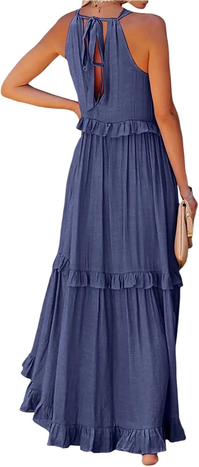 Summer Sleeveless Dress for Women Crew Halter Neck Tiered Pleated Loose Flowy Ruffle Maxi Sundress for Beach Vacation