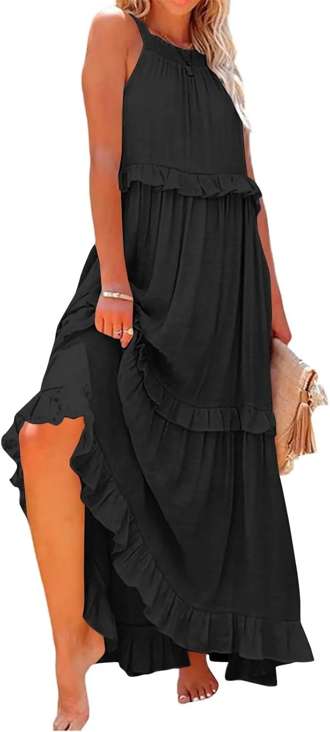 Summer Sleeveless Dress for Women Crew Halter Neck Tiered Pleated Loose Flowy Ruffle Maxi Sundress for Beach Vacation