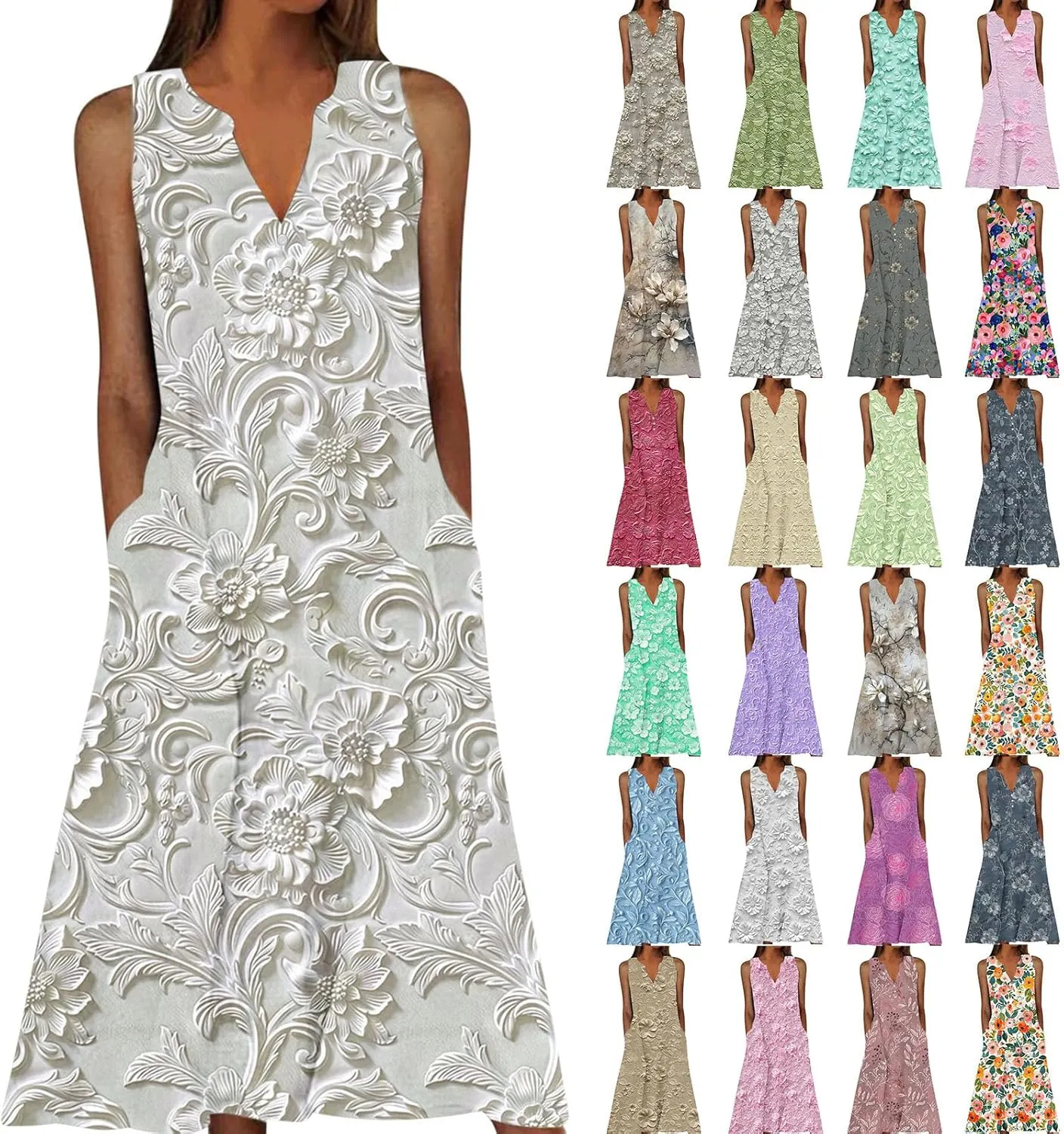 Sundresses for Women Boho Floral Print Tank Dress V-Neck A Line Vintage Summer Vacation Midi Dresses