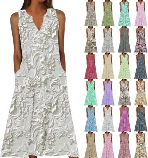 Sundresses for Women Boho Floral Print Tank Dress V-Neck A Line Vintage Summer Vacation Midi Dresses