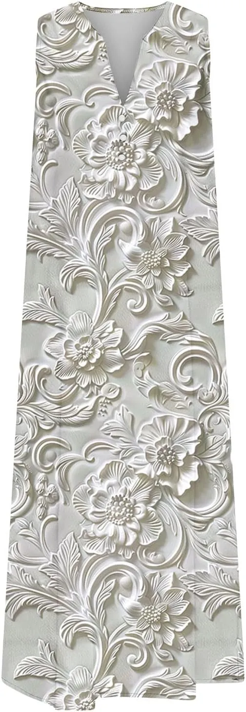 Sundresses for Women Boho Floral Print Tank Dress V-Neck A Line Vintage Summer Vacation Midi Dresses