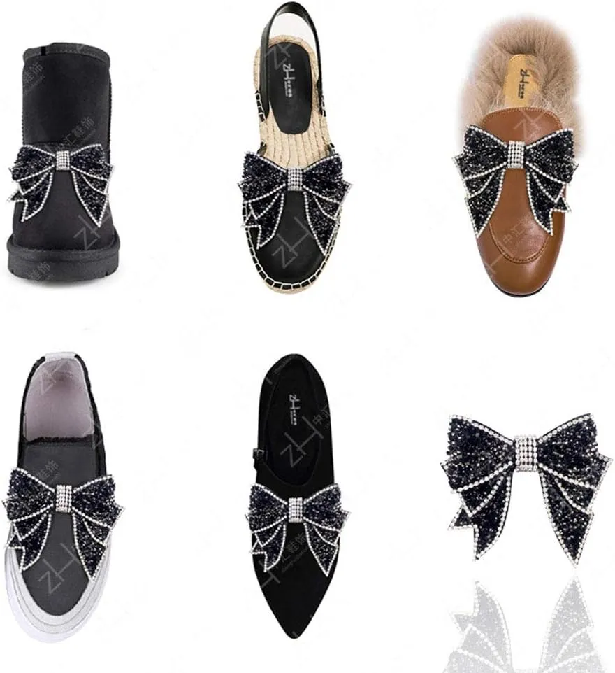 Suoirblss 2PCS Handmade Rhinestone Bow Shoes Decoration Charms DIY Wedding Party Shoes Bag Package Accessories (Black, Large)
