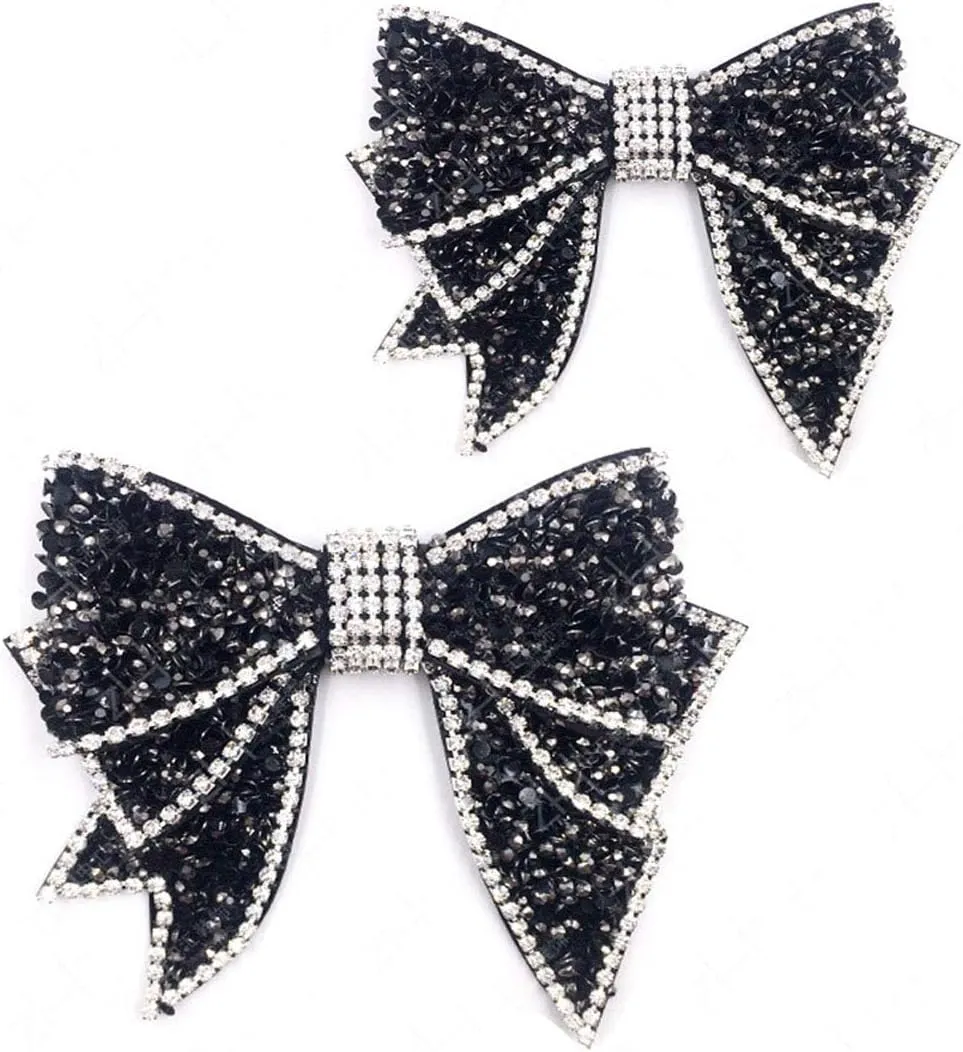 Suoirblss 2PCS Handmade Rhinestone Bow Shoes Decoration Charms DIY Wedding Party Shoes Bag Package Accessories (Black, Large)