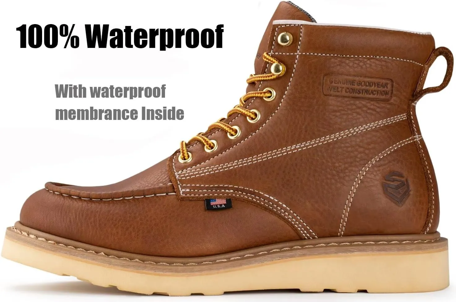 SUREWAY 6” Wedge Moc Toe Work Boots for Men - Soft Toe,Premium Full-Grain Leather,Lightweight Work Boots/Shoes,Comfort Insole,Oil/Slip Resistant,Real Goodyear,EH Rated Industrial Construction Boots