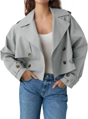 Tankaneo Womens Cropped Trench Coat Lapel Double Breasted Short Jacket Outwear