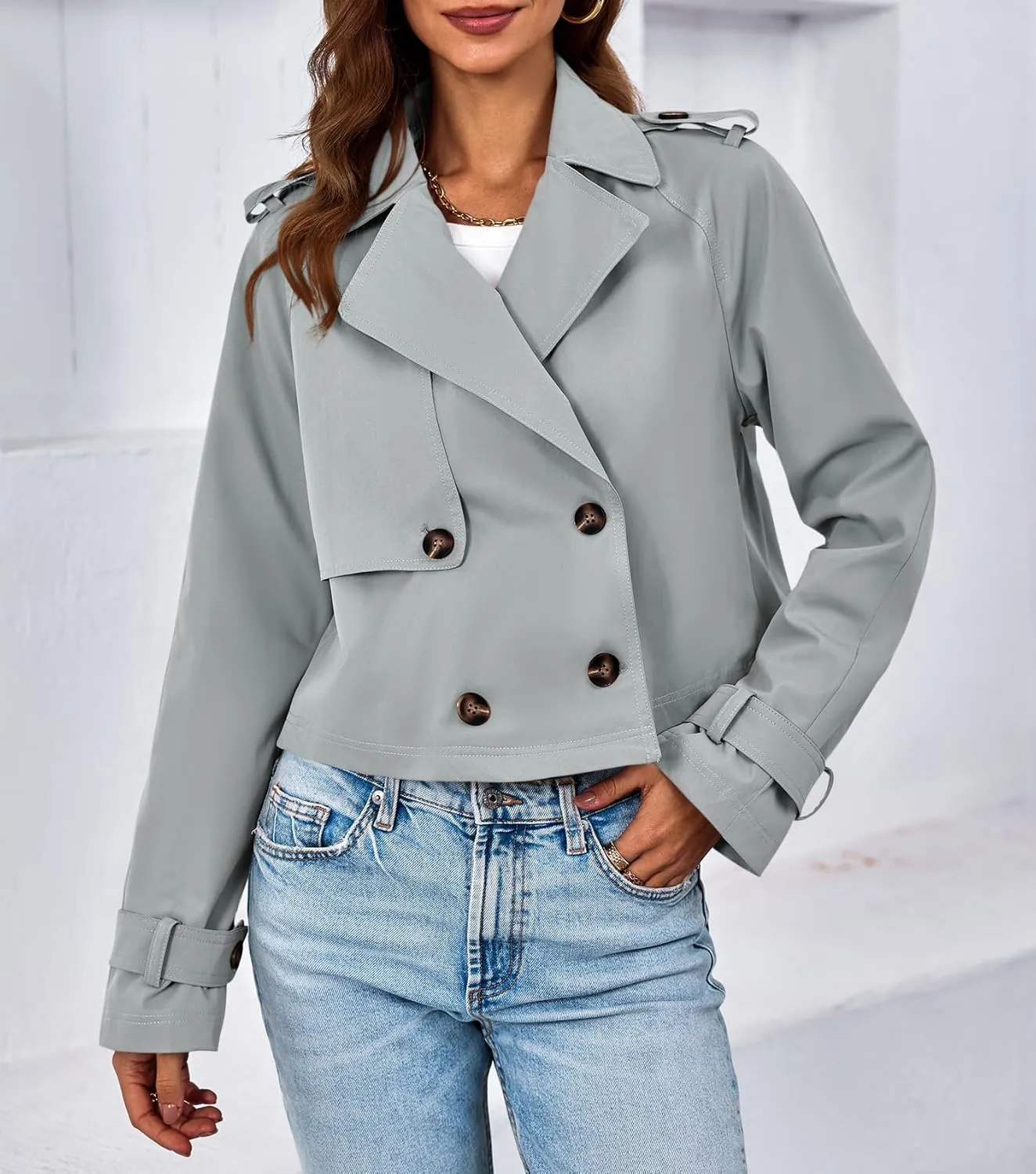 Tankaneo Womens Cropped Trench Coat Lapel Double Breasted Short Jacket Outwear