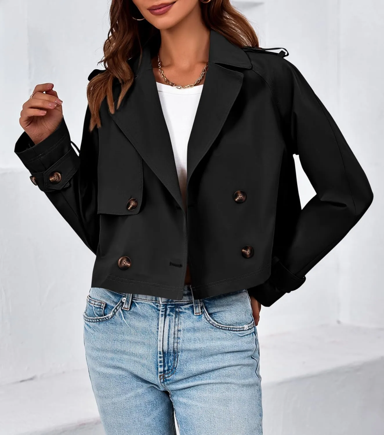 Tankaneo Womens Cropped Trench Coat Lapel Double Breasted Short Jacket Outwear