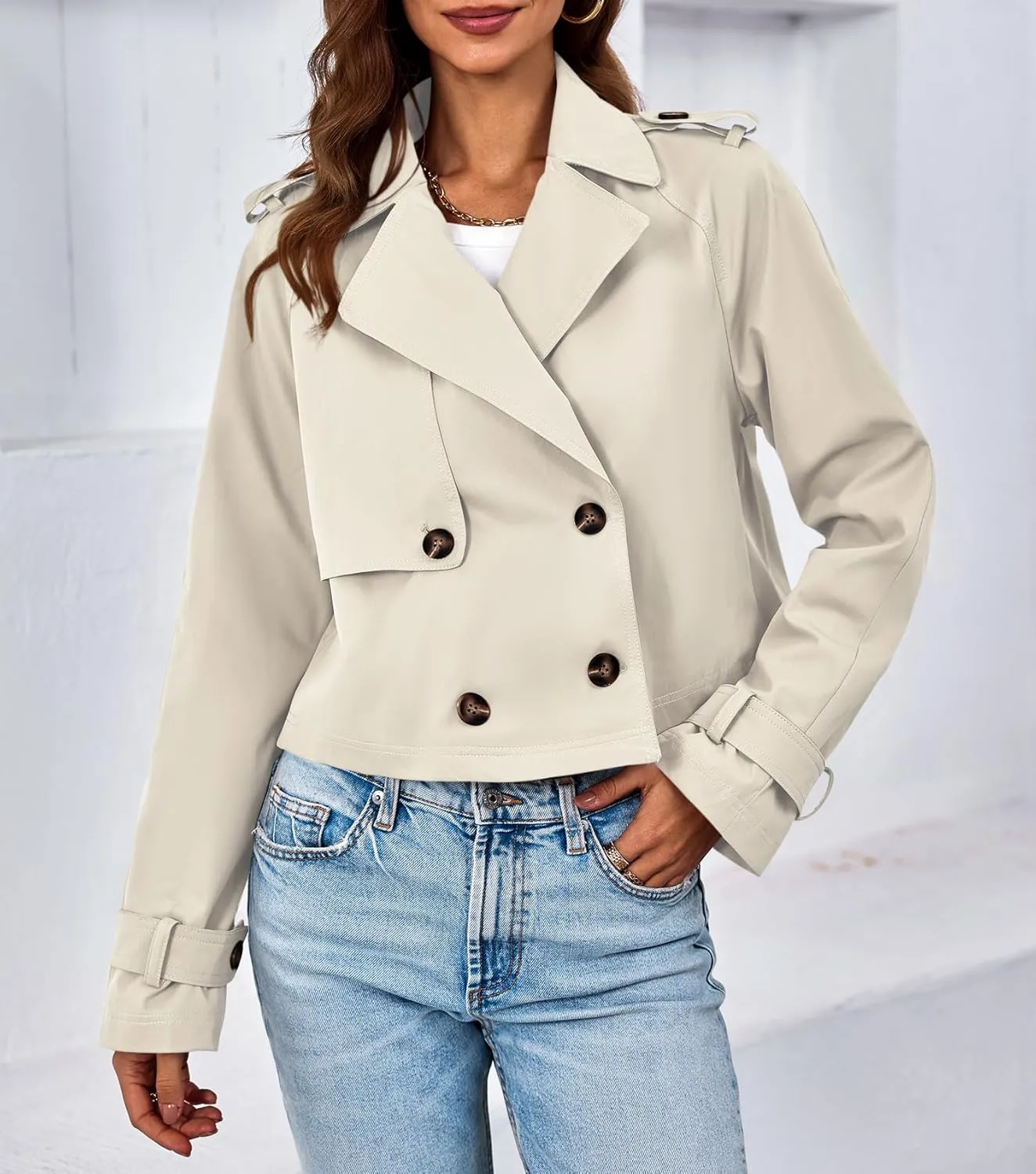 Tankaneo Womens Cropped Trench Coat Lapel Double Breasted Short Jacket Outwear
