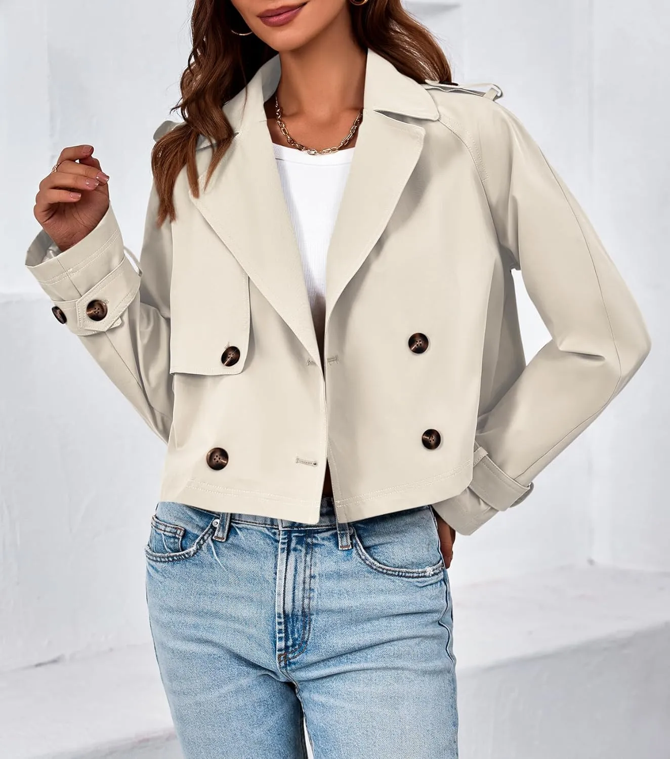 Tankaneo Womens Cropped Trench Coat Lapel Double Breasted Short Jacket Outwear