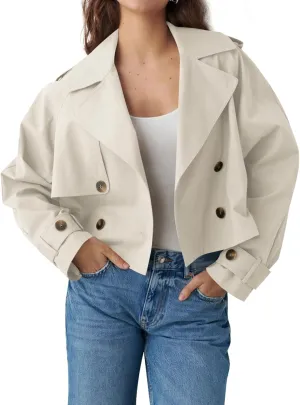 Tankaneo Womens Cropped Trench Coat Lapel Double Breasted Short Jacket Outwear