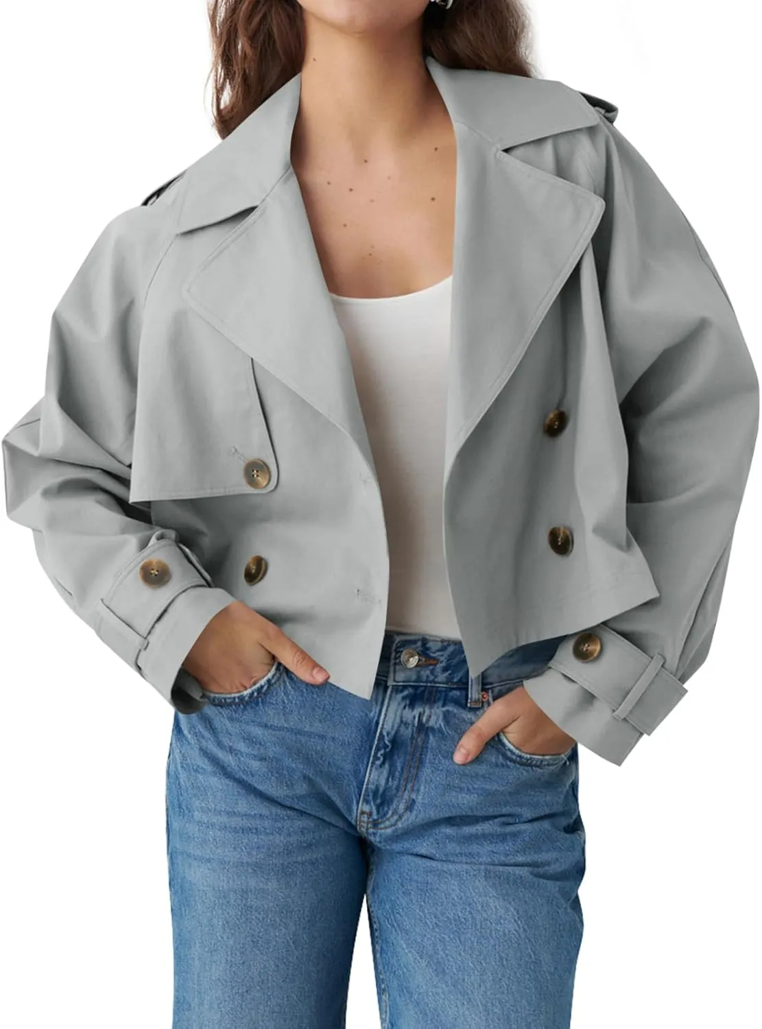 Tankaneo Womens Cropped Trench Coat Lapel Double Breasted Short Jacket Outwear