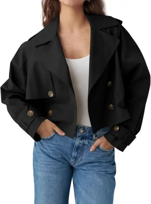 Tankaneo Womens Cropped Trench Coat Lapel Double Breasted Short Jacket Outwear