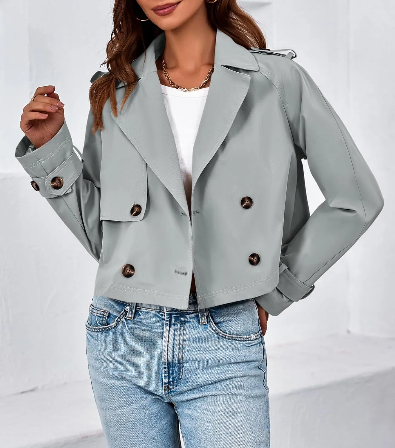 Tankaneo Womens Cropped Trench Coat Lapel Double Breasted Short Jacket Outwear