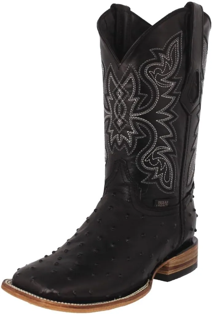 Texas Legacy Mens Black Cowboy Boots Ostrich Quill Print Leather Square Toe Botas