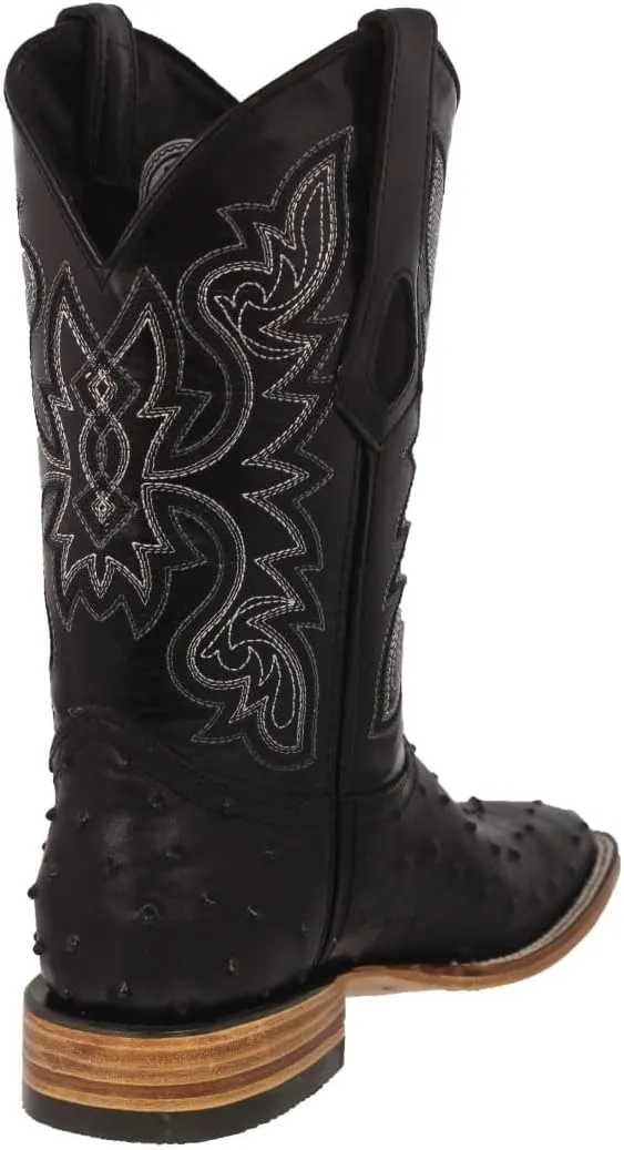 Texas Legacy Mens Black Cowboy Boots Ostrich Quill Print Leather Square Toe Botas