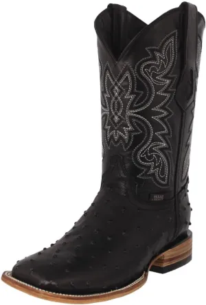 Texas Legacy Mens Black Cowboy Boots Ostrich Quill Print Leather Square Toe Botas