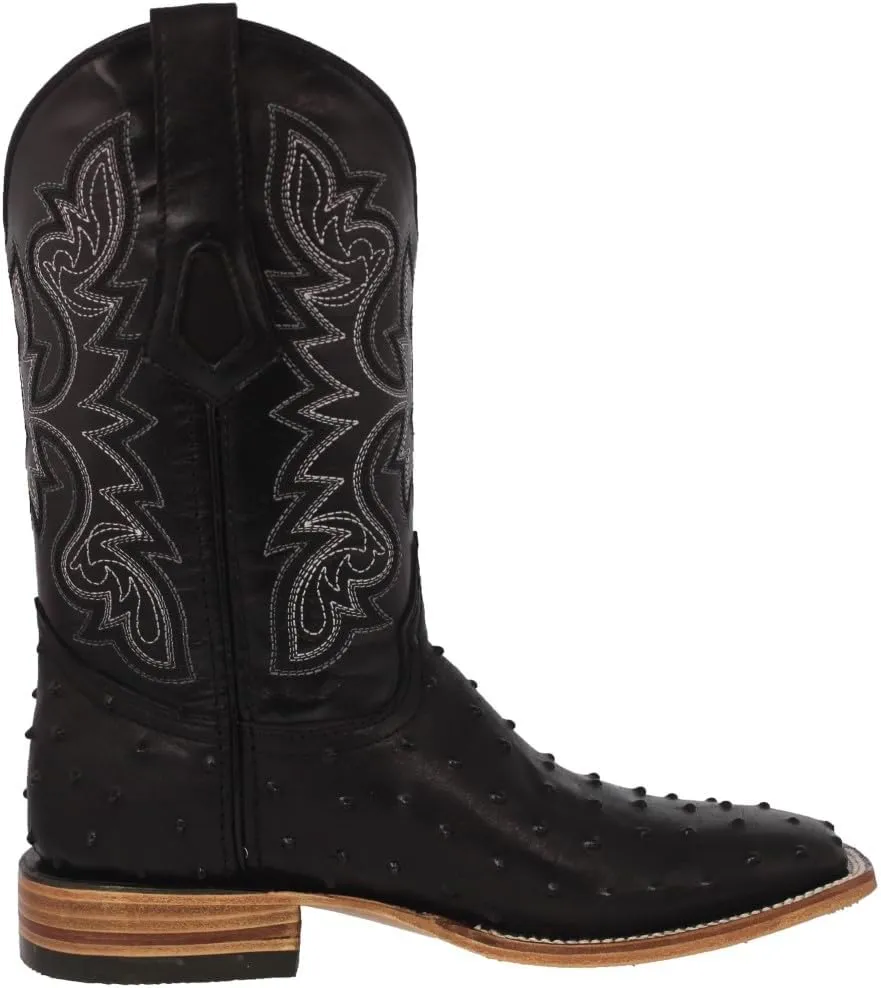 Texas Legacy Mens Black Cowboy Boots Ostrich Quill Print Leather Square Toe Botas