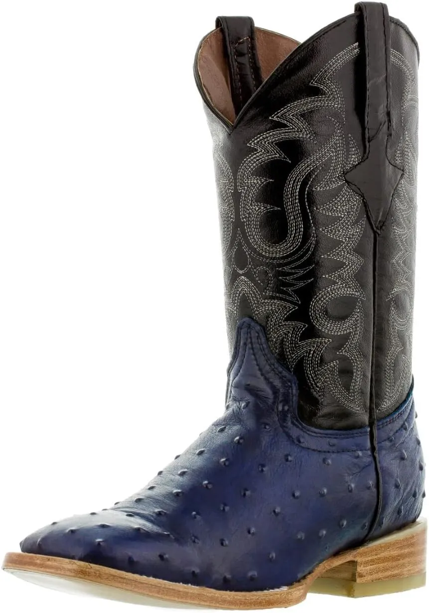 Texas Legacy Mens Blue Western Leather Cowboy Boots Ostrich Quill Print Square 7.5 E US