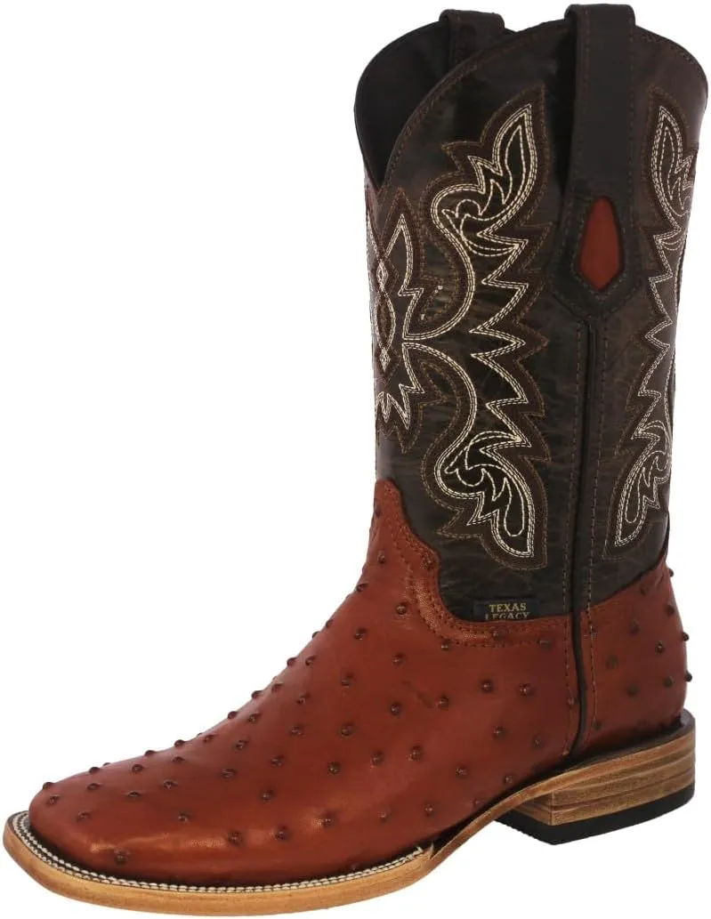 Texas Legacy Mens Cognac Cowboy Boots Ostrich Quill Print Leather Square Toe Botas