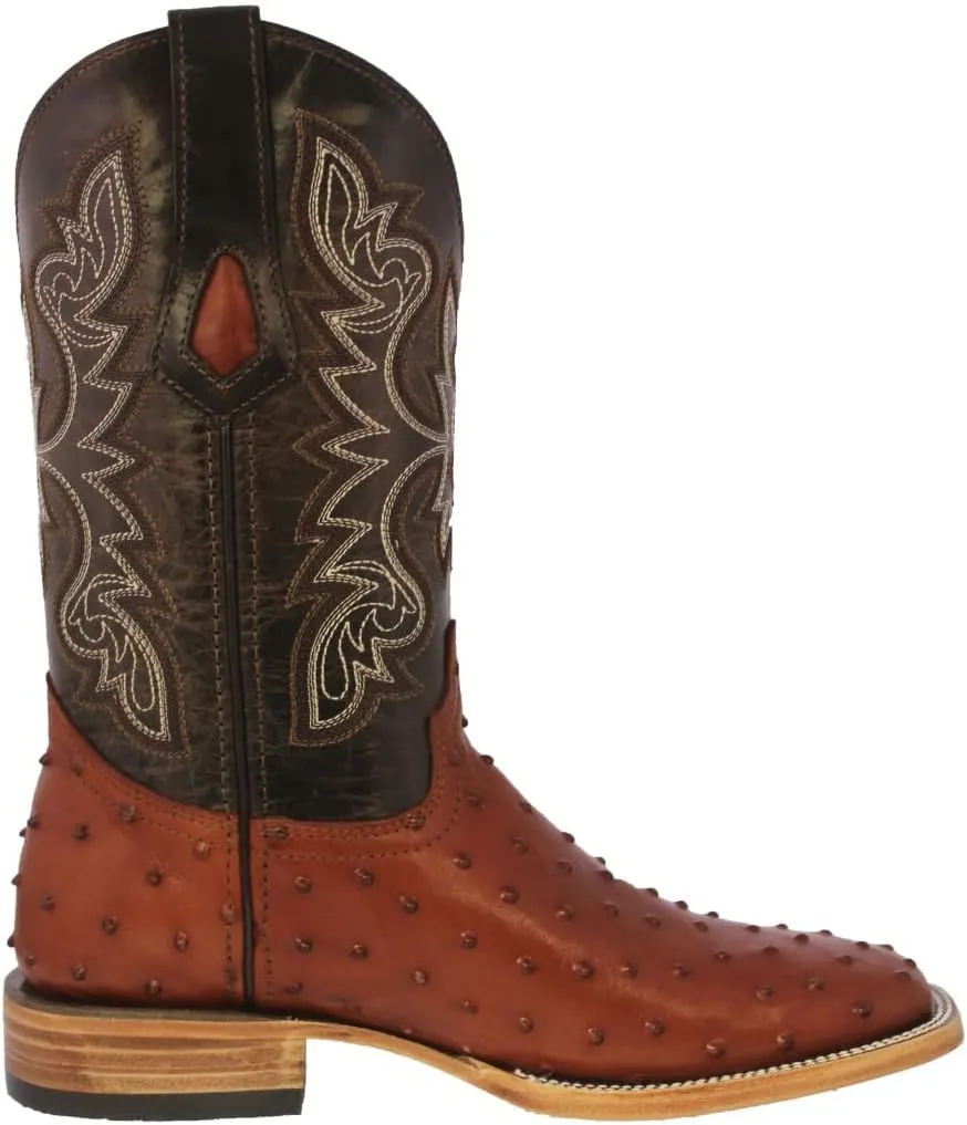 Texas Legacy Mens Cognac Cowboy Boots Ostrich Quill Print Leather Square Toe Botas