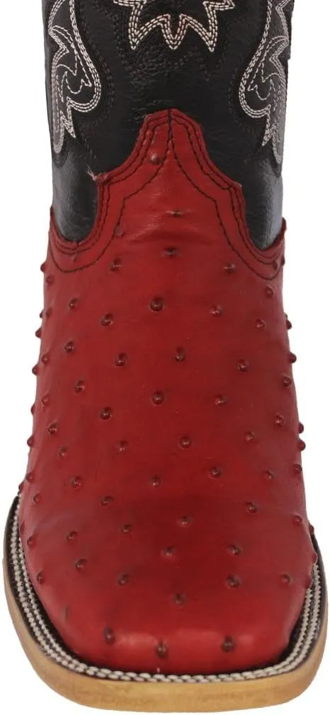 Texas Legacy Mens Red Cowboy Boots Ostrich Quill Print Leather Square Toe Botas