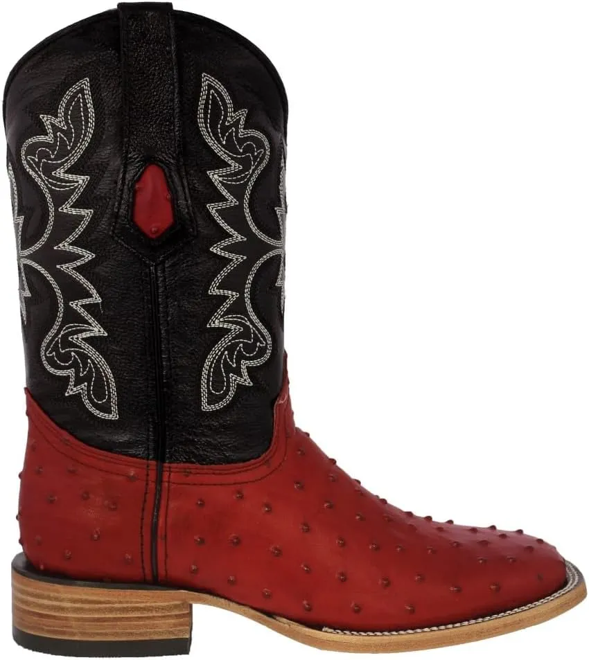 Texas Legacy Mens Red Cowboy Boots Ostrich Quill Print Leather Square Toe Botas
