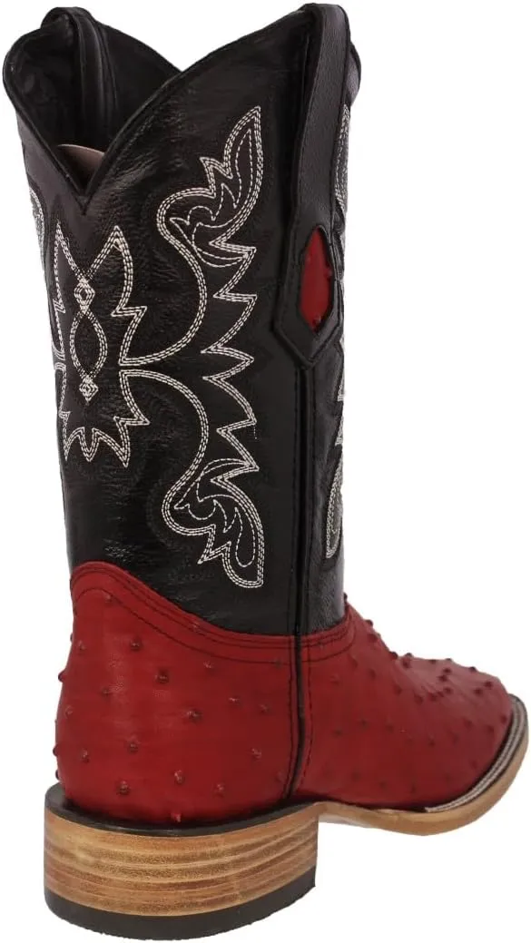 Texas Legacy Mens Red Cowboy Boots Ostrich Quill Print Leather Square Toe Botas