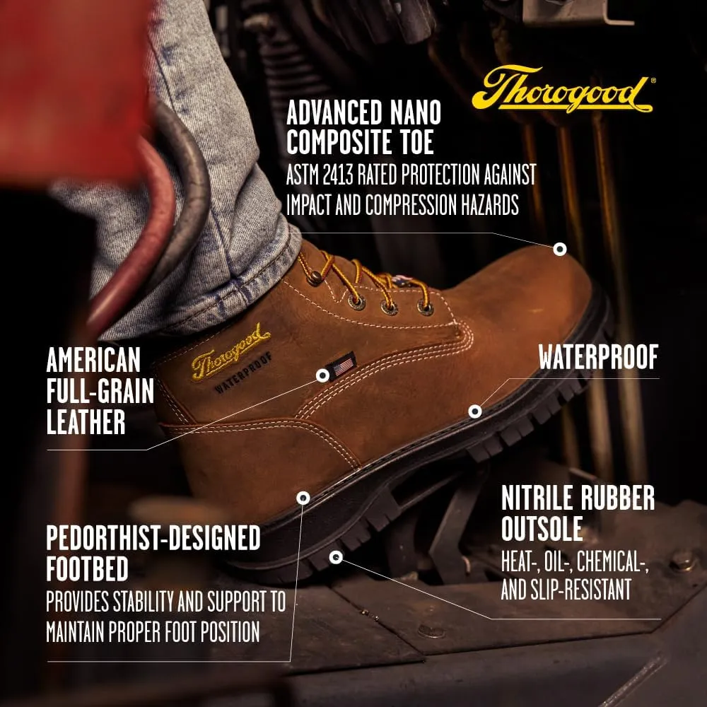 Thorogood 6” Waterproof Work Boots for Men - Nano Composite Toe - Genesis Series - Full-Grain Leather with Comfort Insoles and Slip-Resistant Outsoles