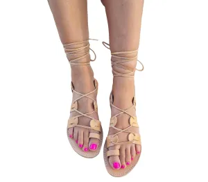 Tie Up Greek leather Sandals, Black Ankle wrap flat Sandals, Toe ring Lace up shoes women, Summer leather Shoes, Gladiator Sandals, Handmade (US9, Natural)