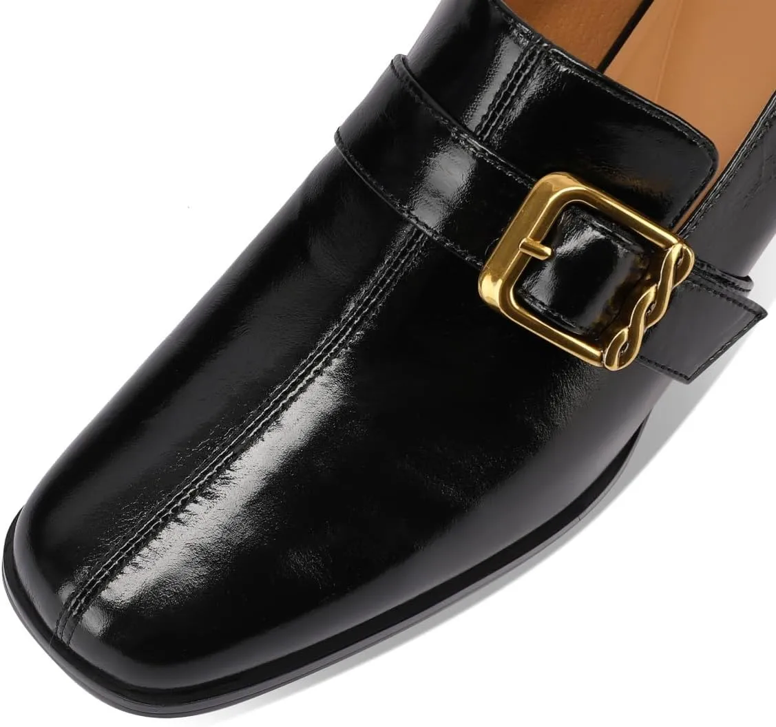 TinaCus Embossed Genuine Leather Women's Square Toe Handmade Low Chunky Heels Slip on Loafers Shoes