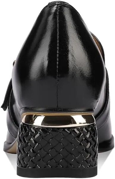 TinaCus Embossed Genuine Leather Women's Square Toe Handmade Low Chunky Heels Slip on Loafers Shoes