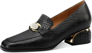 TinaCus Embossed Genuine Leather Women's Square Toe Handmade Low Chunky Heels Slip on Loafers Shoes