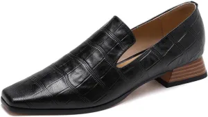 TinaCus Women's Genuine Leather Embossed Square Toe Stacked Heel Office Loafers Shoes