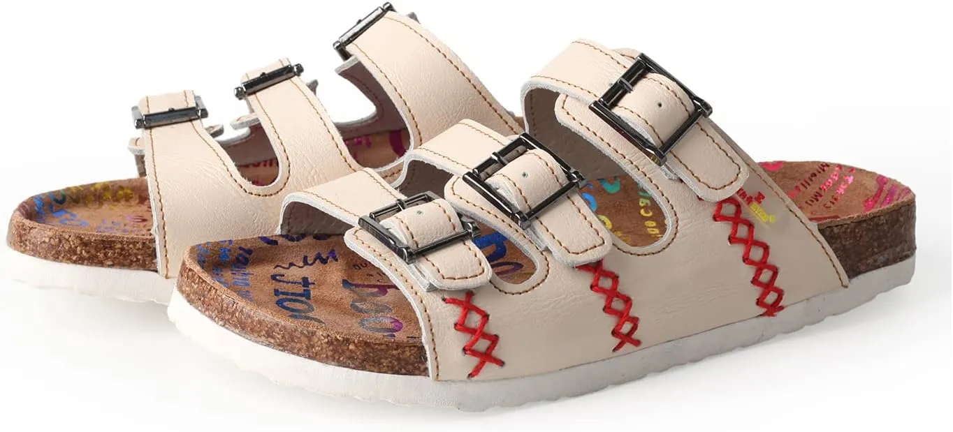 TMA EYES Women's hand stitching Open Toe Footbed Sandals Leather Lightweight Casual Slippers