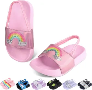 Toddler Boys Girls Slides Sandals with Elastic Strap Non-Slip Flip Flop Lightweight Little Kids Shower Slippers Beach Pool Shoes