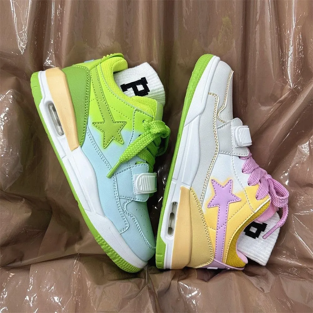 Two-Tone Star Retro Streetwear Sneakers for Women - Thick Sole Casual Y2k Shoes for Daily Travel and Vintage Fashion