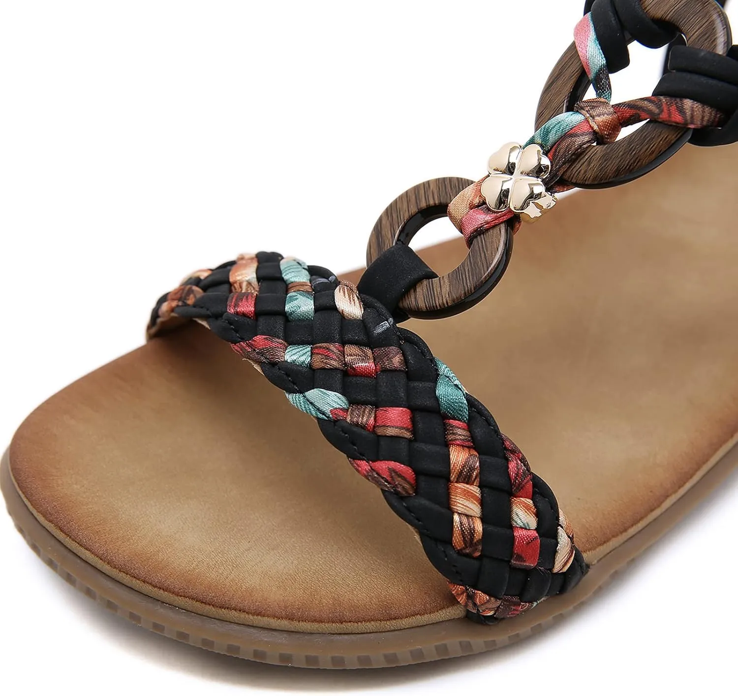 Unifizz Women's Summer Sandals Comfortable T-Strap Flower Beaded Classic Flat Elastic Sandals Dress Shoes for Outdoor Beach Wedding