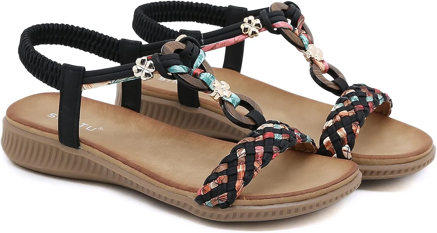 Unifizz Women's Summer Sandals Comfortable T-Strap Flower Beaded Classic Flat Elastic Sandals Dress Shoes for Outdoor Beach Wedding