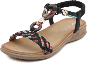 Unifizz Women's Summer Sandals Comfortable T-Strap Flower Beaded Classic Flat Elastic Sandals Dress Shoes for Outdoor Beach Wedding