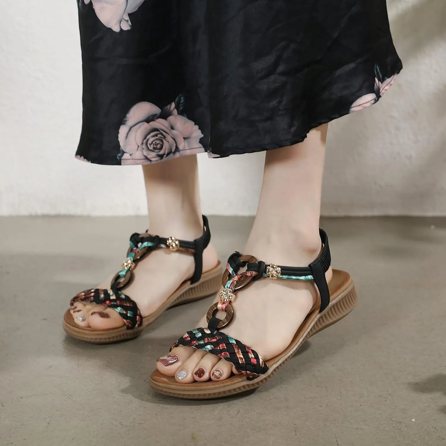 Unifizz Women's Summer Sandals Comfortable T-Strap Flower Beaded Classic Flat Elastic Sandals Dress Shoes for Outdoor Beach Wedding