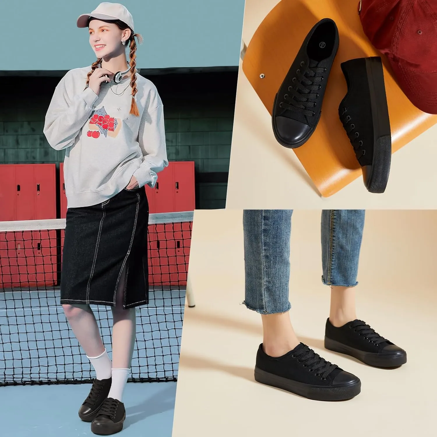 Uoidru White Tennis Canvas Shoes for Women Black Canvas Sneakers Womens Fashion Sneakers Classic Lace Up Walking Shoes