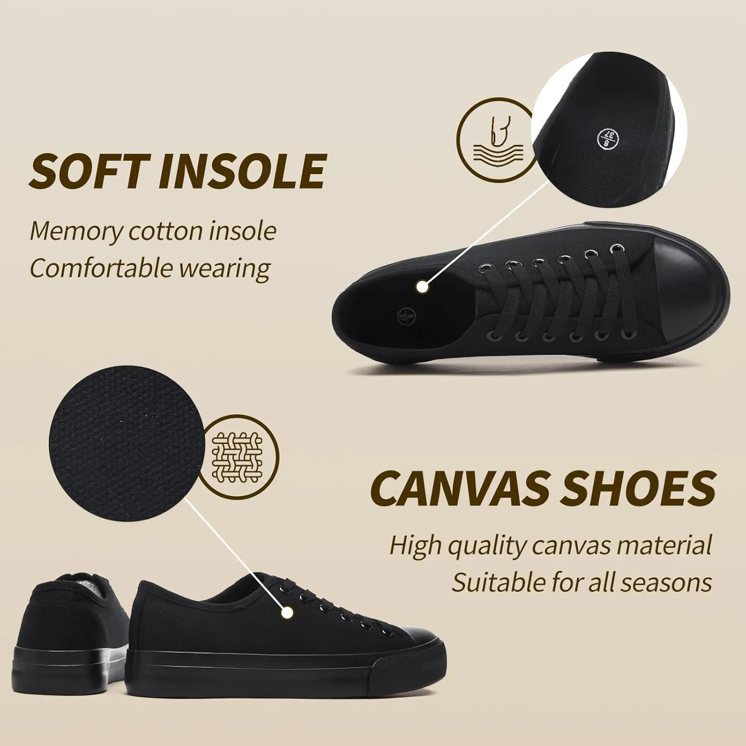 Uoidru White Tennis Canvas Shoes for Women Black Canvas Sneakers Womens Fashion Sneakers Classic Lace Up Walking Shoes